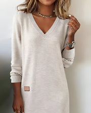 Women's midi knit dress with a V-neck and long sleeves