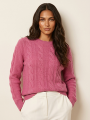 Women's Cable-Knit Jumper - Knitted with Round Neck and Long Sleeves
