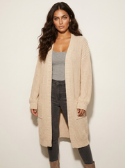 Women's Long Knitted Cardigan - Oversized with Balloon Sleeves and Pockets