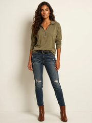 Women's Zip-Collar Top - Loose-Fit Style with Long Sleeves