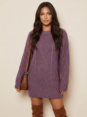 Women's Jumper Dress - Knitted Dress with Cable Pattern and Long Sleeves