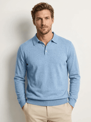 Men's Polo Jumper - Solid Polo Shirt with Long Sleeves and Button Closure