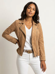 Women's Suede Biker Jacket - Rugged Style with Zip Closure