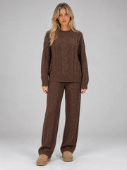 Cable knit set for women with crew neck jumper and wide leg trousers