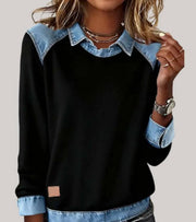 Denim-look jumper for women with shirt collar and cuffs