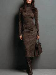 Fitted midi dress for women in brown with roll neck and long sleeves