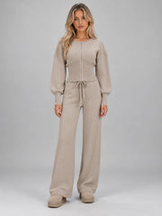 Knitted co-ord set for women with zip cardigan and wide leg trousers