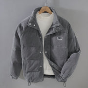 Men's corduroy puffer jacket with stand collar and pockets
