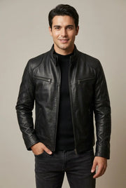 Men's leather look jacket with stand collar and quilted shoulders