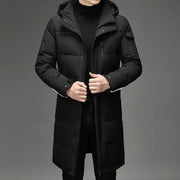 Men's long puffer jacket with detachable hood and pockets