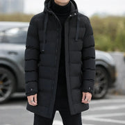 Men's long puffer jacket with hood and adjustable cuffs