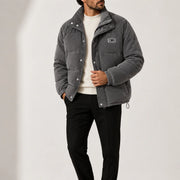 Men's quilted puffer jacket with corduroy details and stand collar