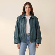 Oversized faux leather jacket for women with notch collar and zip