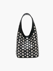 Women's studded faux leather bucket bag with drawstring