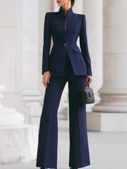 Slim fit trouser suit for women with stand collar blazer