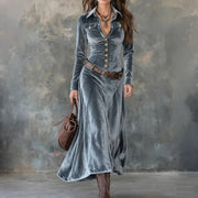 Velvet-look maxi dress for women in blue grey with long sleeves