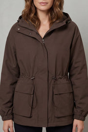Women's parka with hood and drawstring waist