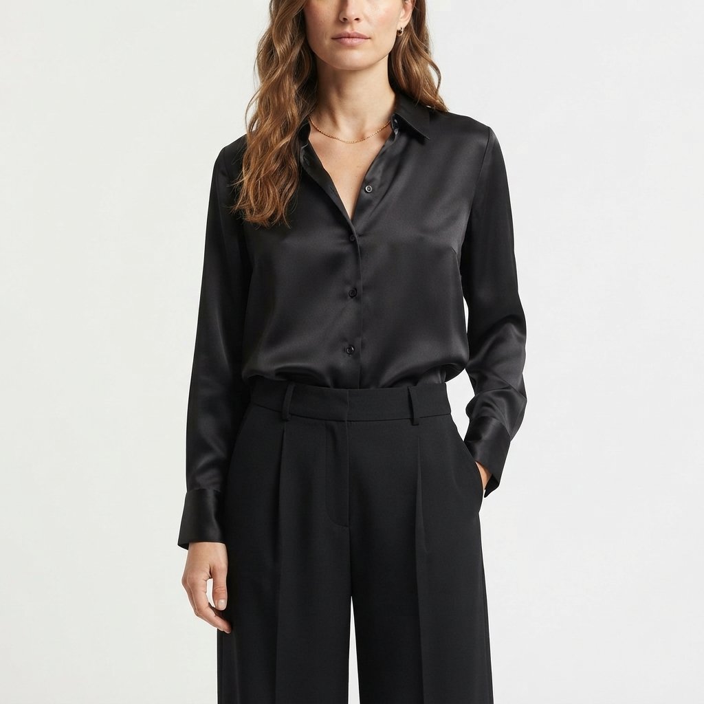 Satijnlook blouse dames losvallend met klassieke kraag