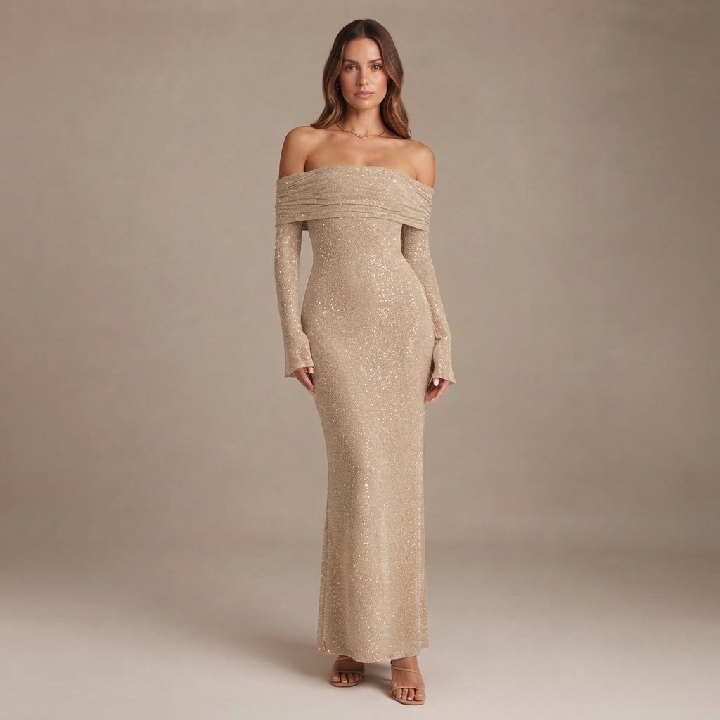 Glitter maxi-jurk dames off-shoulder met lange mouwen