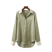 Satijnlook blouse dames met contrastbies en lange mouwen