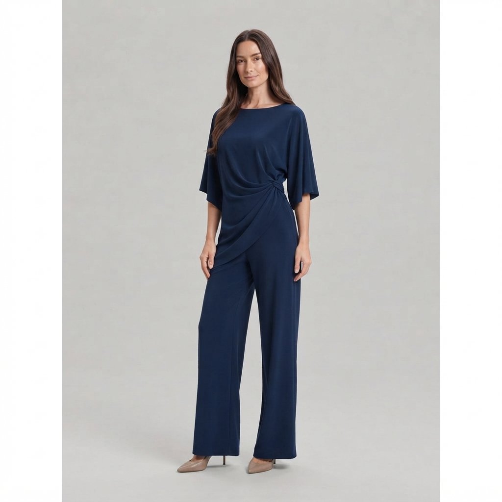 Tweedelige set dames met gedrapeerde top en wijde broek