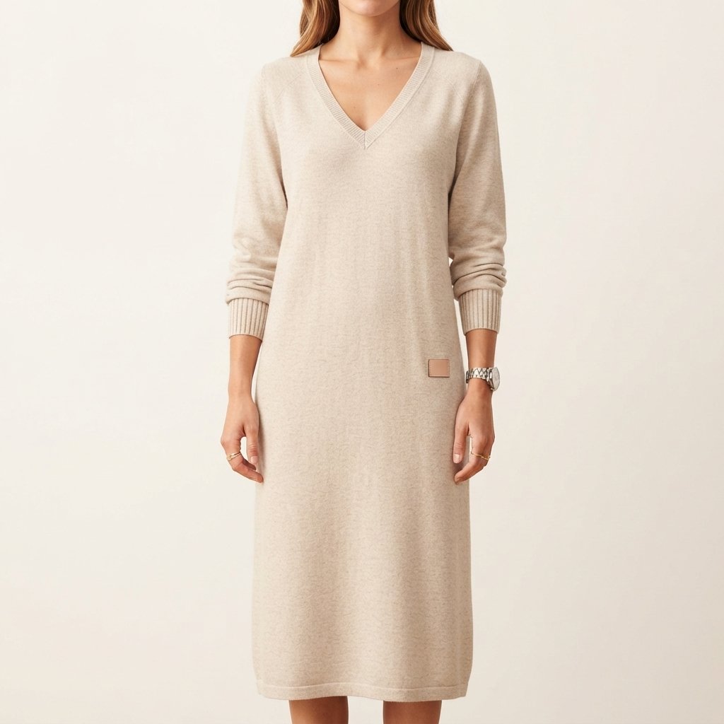 Gebreide jurk dames midi met V-hals en lange mouwen
