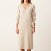 Gebreide jurk dames midi met V-hals en lange mouwen