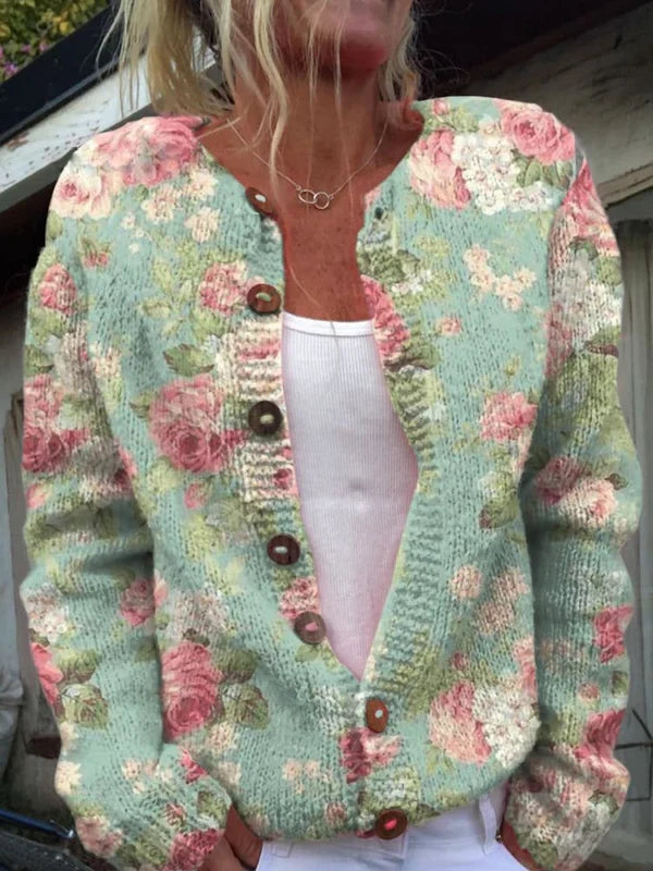 Dames Gebreid Vest – Bloemenprint met Knoopsluiting Donkergroen / S - AIDA LENA