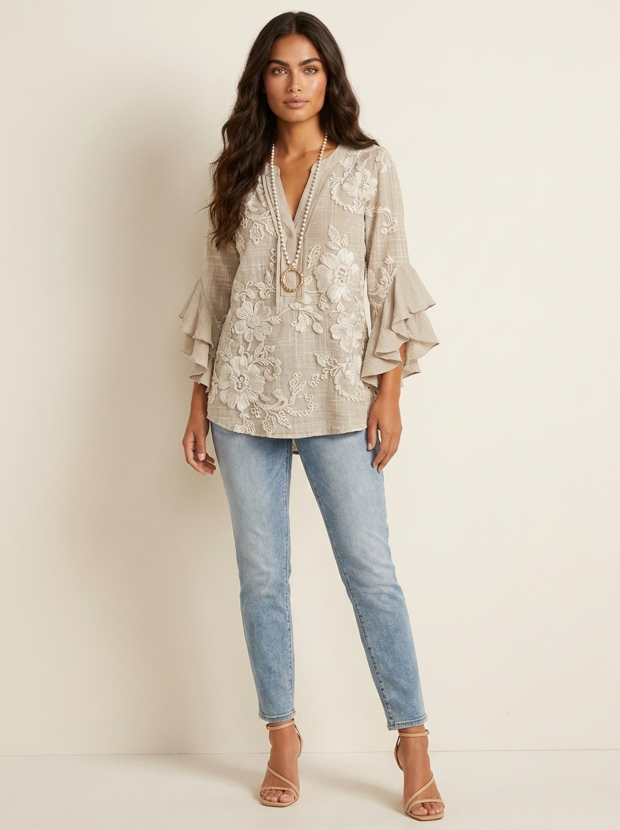 Damesblouse met Bloemenprint – Tijdloos Elegant met V-Hals Lichtbruin / S - AIDA LENA