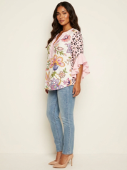 Damesblouse met Bloemenprint – Tijdloos Elegant met V-Hals Wit/Blauw / S - AIDA LENA