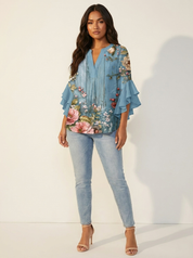 Damesblouse met Bloemenprint – Tijdloos Elegant met V-Hals Bloemblauw / S - AIDA LENA