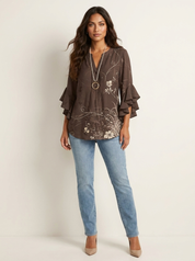 Damesblouse met Bloemenprint – Tijdloos Elegant met V-Hals Wit/Blauw / S - AIDA LENA