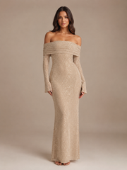 Women's glitter maxi dress, off-shoulder with long sleeves