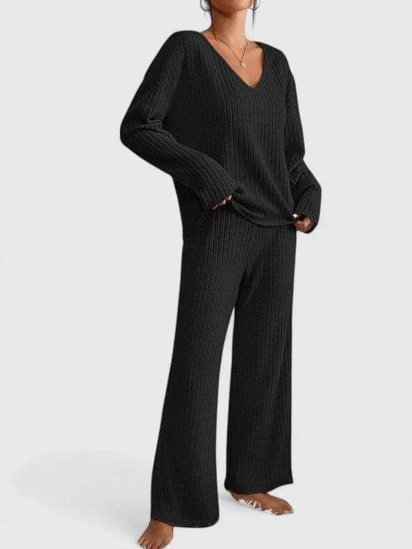 Dames 2-Delige Gebreide Set – V-Hals Trui met Wijde Broek Beige / S - AIDA LENA