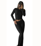 2-delige set met crop top met lange mouwen en uitlopende broek, zwart