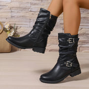 Women's biker boots - mid-calf boots with buckles and zip