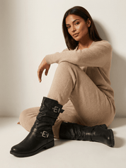 AIDA LENA Women's Shoes Dames Biker Laarzen – Halfhoge Boots met Gespen en Rits