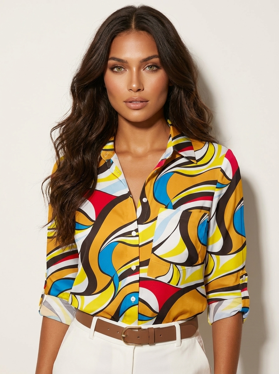 Women's Printed Blouse - Colorful Blouse with Collar and Buttons
