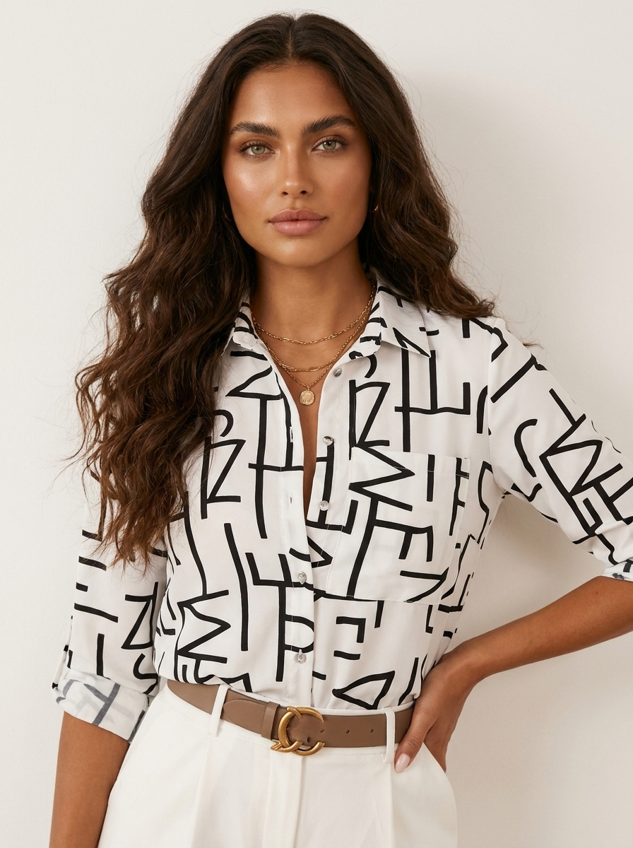 Women's Printed Blouse - Colorful Blouse with Collar and Buttons