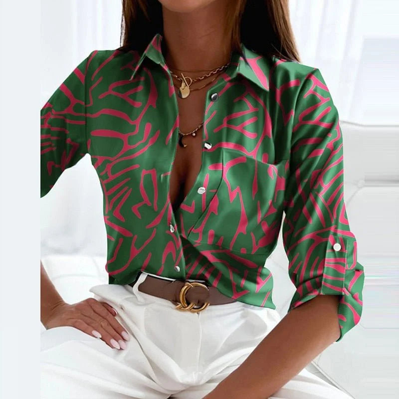 Women's Printed Blouse - Colorful Blouse with Collar and Buttons