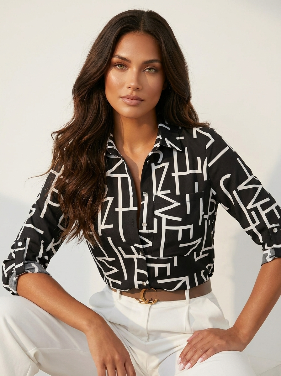 Women's Printed Blouse - Colorful Blouse with Collar and Buttons