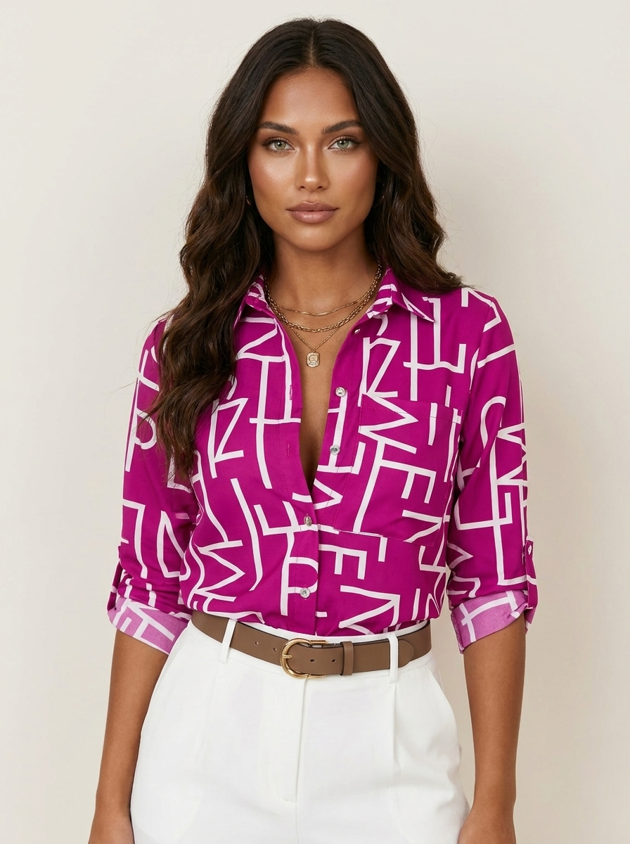 Women's Printed Blouse - Colorful Blouse with Collar and Buttons
