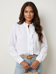 Damesblouse met ruches, witte lange mouwen en knoopsluiting, recht model