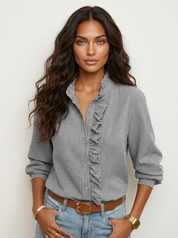 Damesblouse met ruches, grijs gestreept, lange mouwen en knoopsluiting