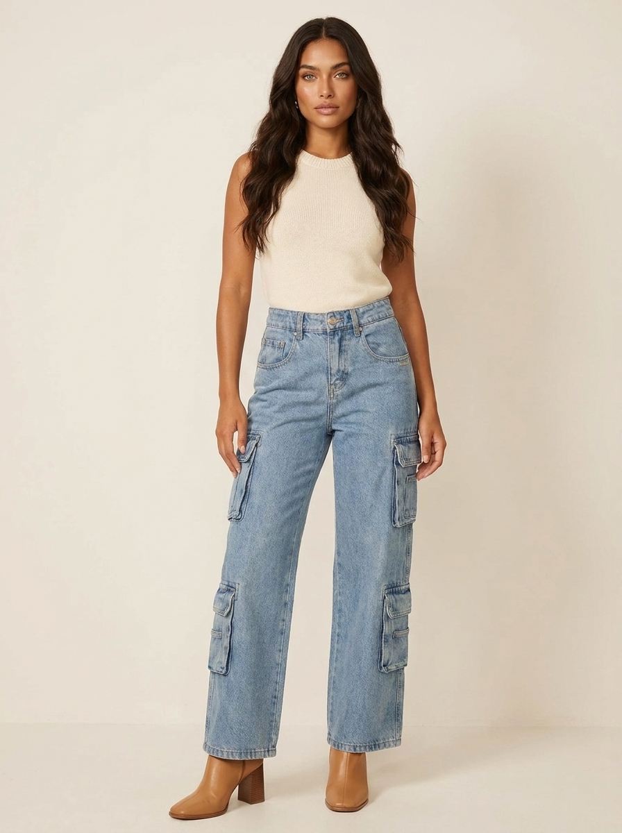Dames Cargo Jeans – Hoge Taille met Wijde Pijpen en Cargozakken S - AIDA LENA