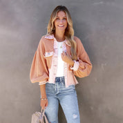 Dames Cropped Jas – Gebreide Mouwen met Denim Details Roze / S - AIDA LENA
