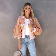 Women's Cropped Jacket - Knitted Sleeves with Denim Details