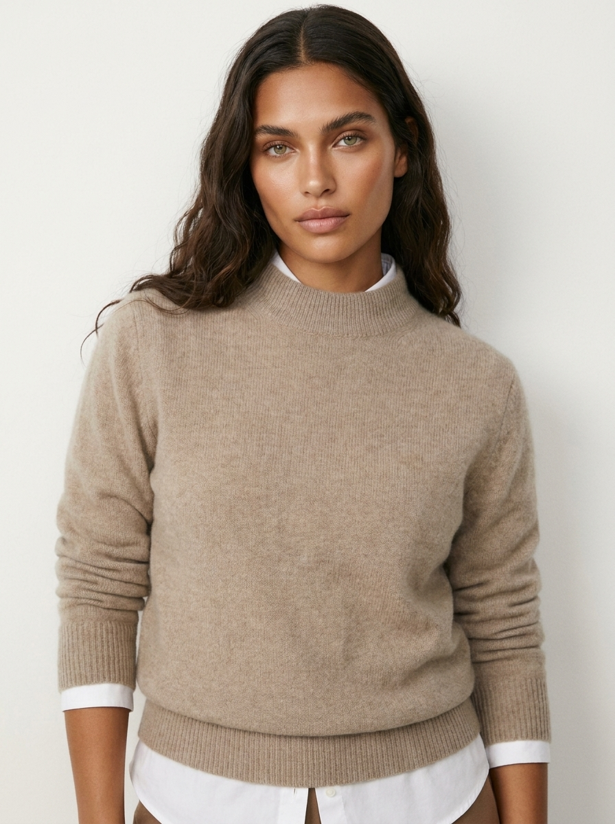 A taupe/beige knitted round-neck jumper with long sleeves, a ribbed hem and cuffs.