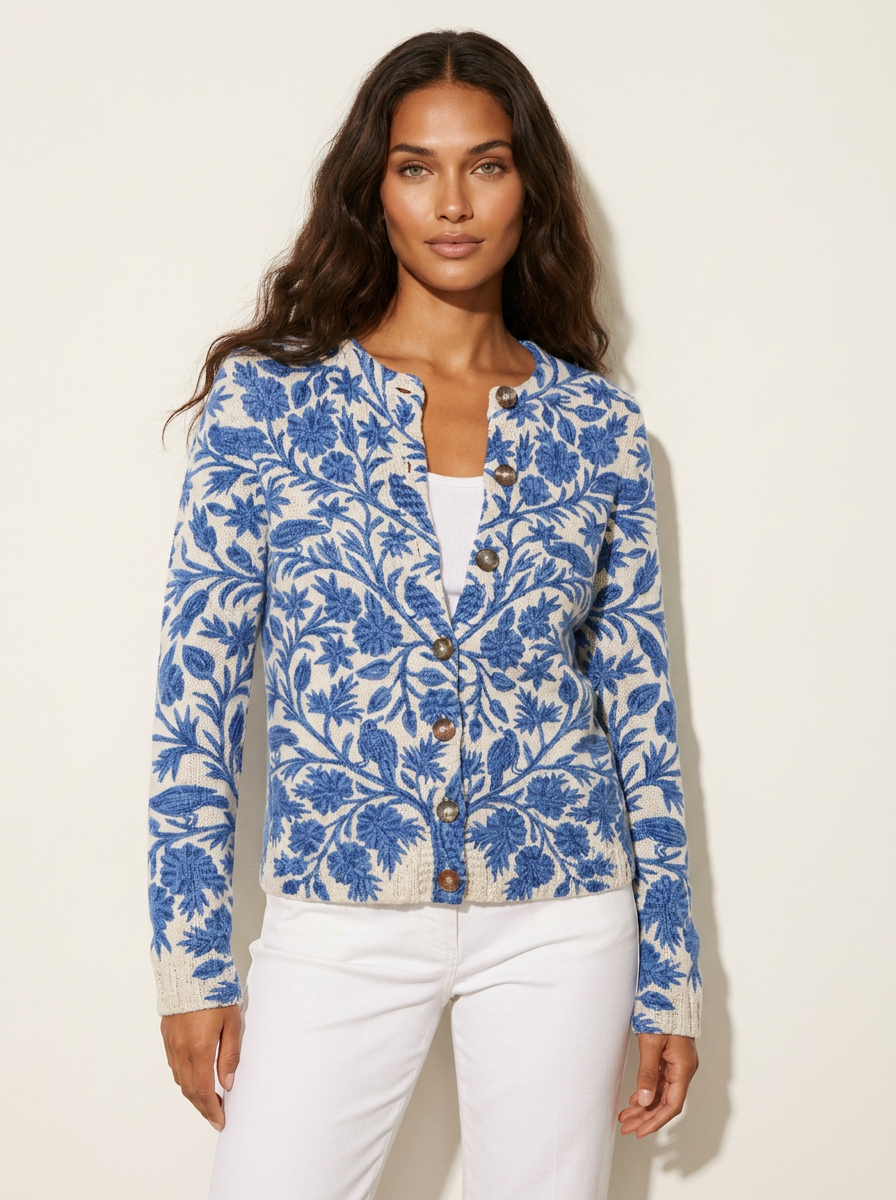 Dames Gebreid Vest – Bloemenprint met Knoopsluiting Blauw / S - AIDA LENA