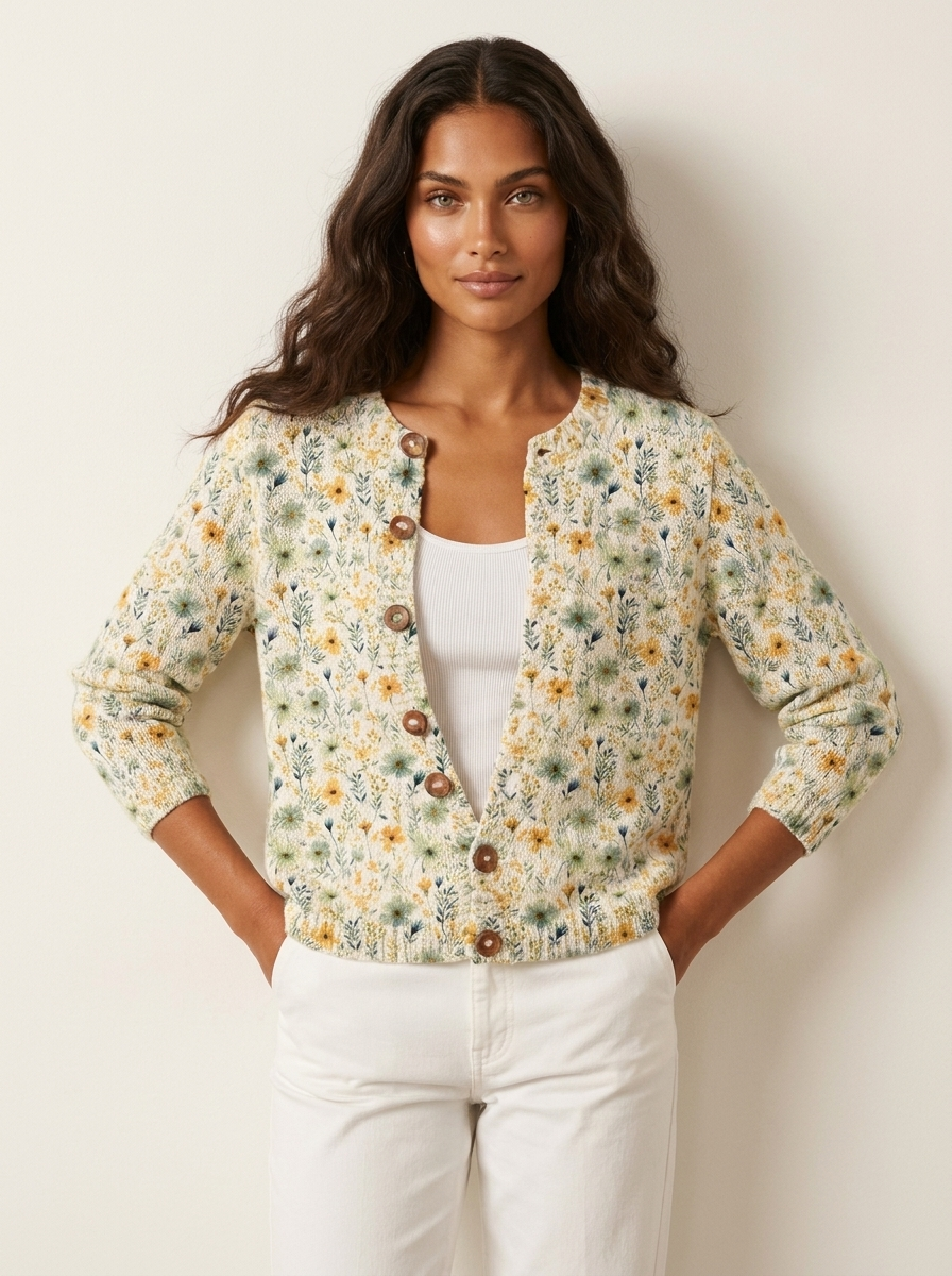 Dames Gebreid Vest – Bloemenprint met Knoopsluiting Blauw / S - AIDA LENA